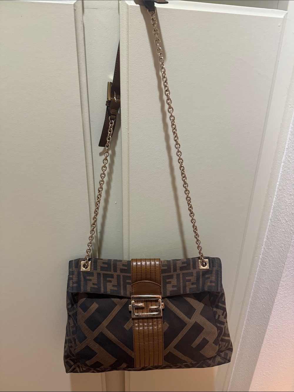Fendi Brown Zucca FF-Logo Shoulder:Crossbody Bag with Tan Leather Trim - Picture 6 of 13